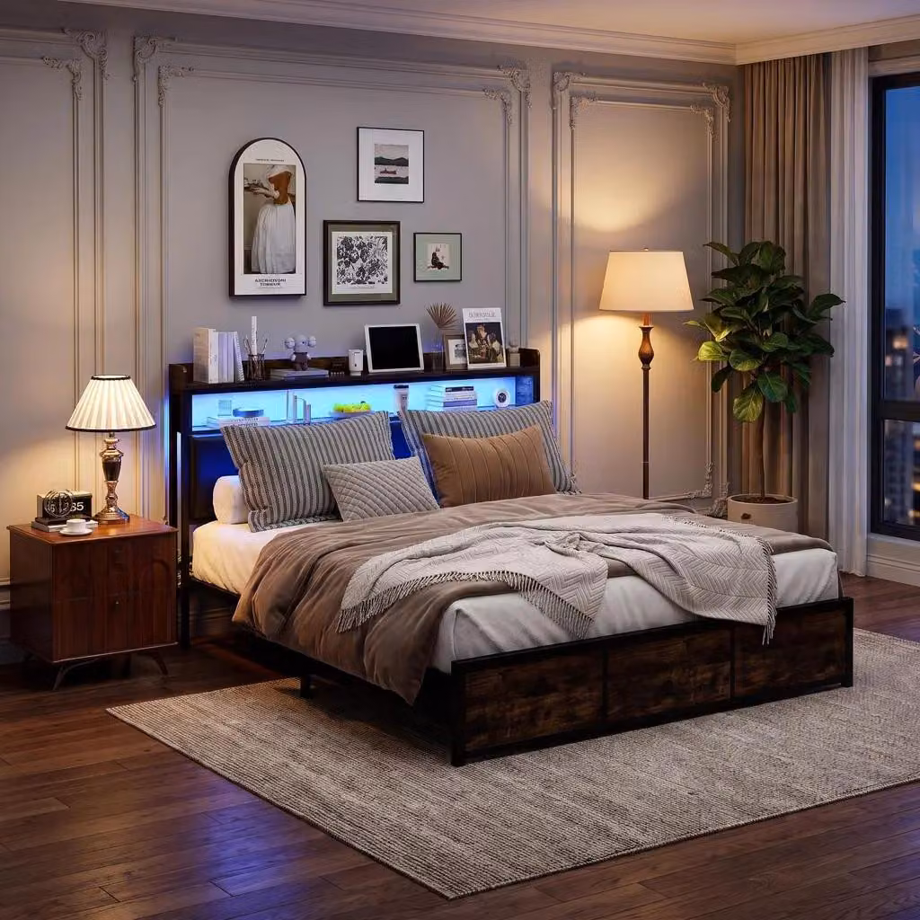 INONEFT Letto contenitore imbottito, 140x200 cm, letto per ragazzi/coppie con LED e 4 cassetti, letto con spazio contenitore, struttura letto con rete a doghe, nero, in PU