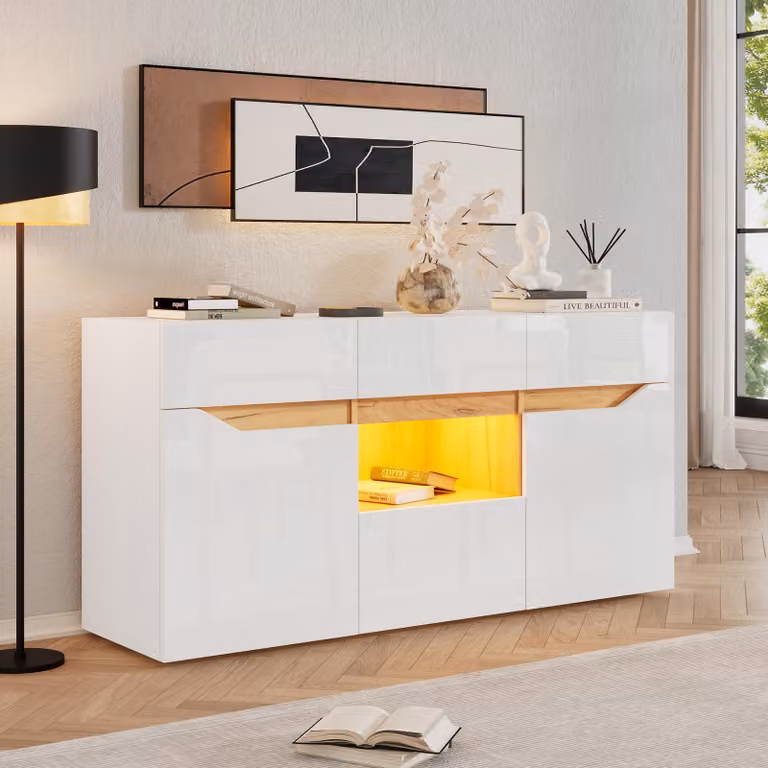 Credenza Merax 140 cm con frontale lucido, comando app a LED, cassettiera con 4 cassetti e 2 armadi, design scandinavo, legno bianco/naturale