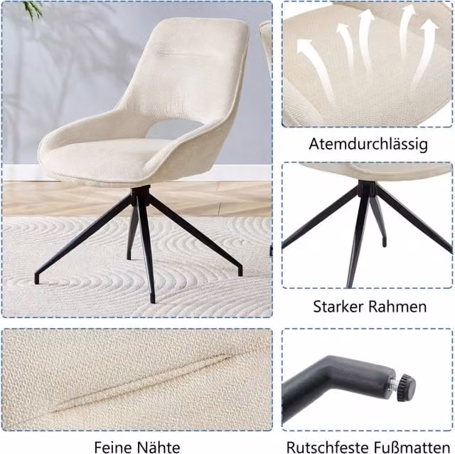 Set di 2 sedie da pranzo girevoli a 360 gradi in tessuto bianco con gambe in metallo nero, sedute ergonomiche per sala da pranzo e soggiorno