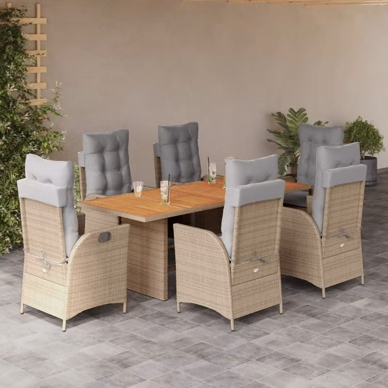 Set Pranzo da Giardino vidaXL in Polyrattan e Legno di Acacia con 7 Cuscini Beige e Grigio