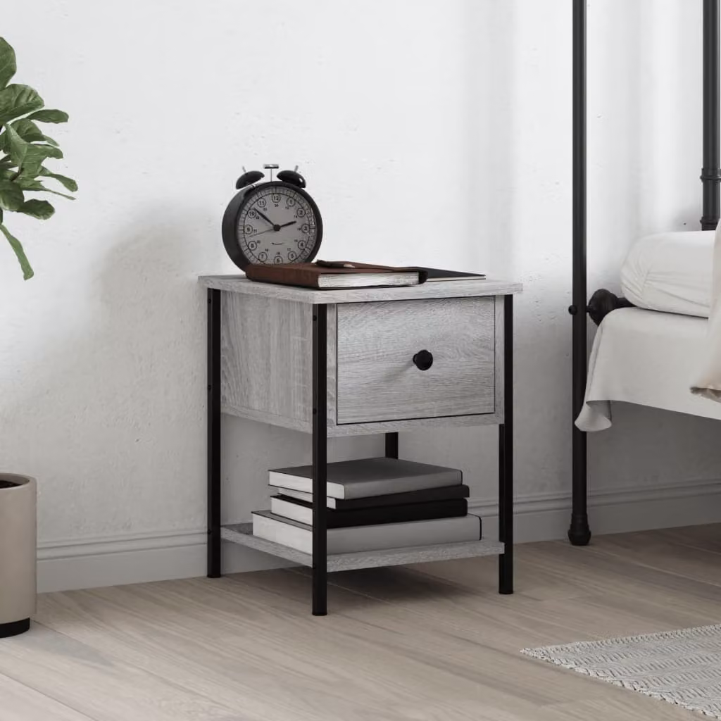 Comodino vidaXL in legno multistrato e metallo, Grigio Sonoma, L 34 cm x P 35,5 cm x H 45 cm