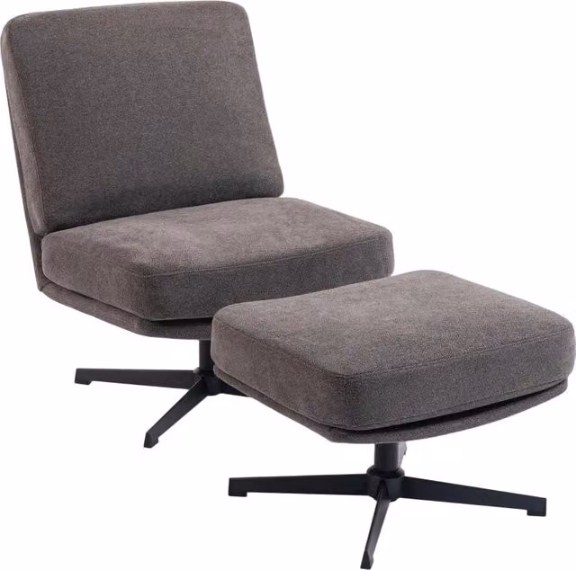 Poltrona con poggiapiedi, poltrona girevole lounge con effetto lino per soggiorno, grigio scuro