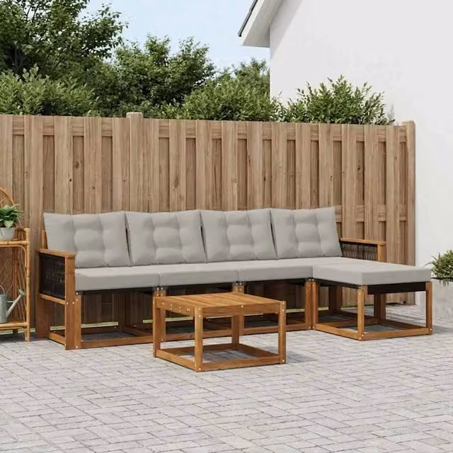 Set di mobili da giardino vidaXL composto da 6 pezzi con divano a L, tavolino da caffè e pouf in legno di acacia con cuscini beige e grigi – 1