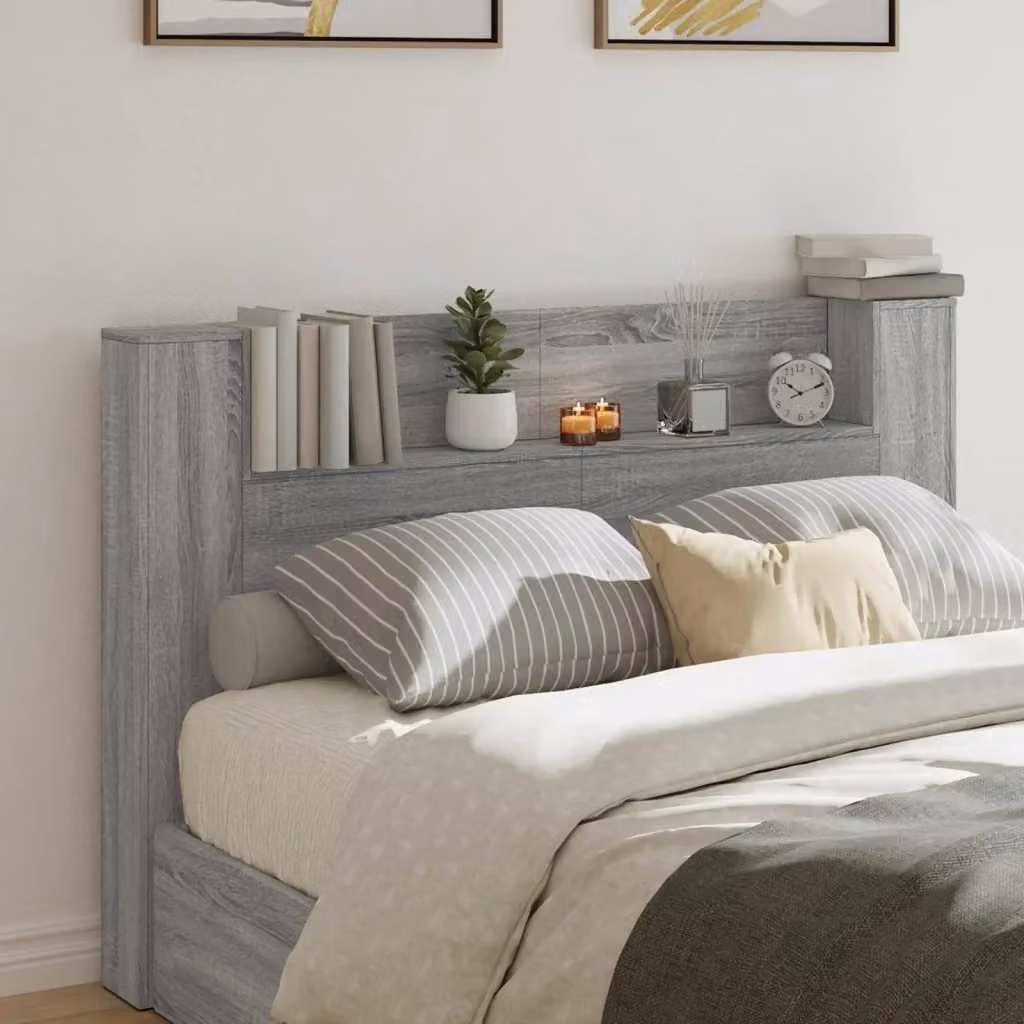 Testiera moderna in legno multistrato Grigio Sonoma con illuminazione integrata e mensola, L 160 x P 16,5 x H 103,5 cm – 2