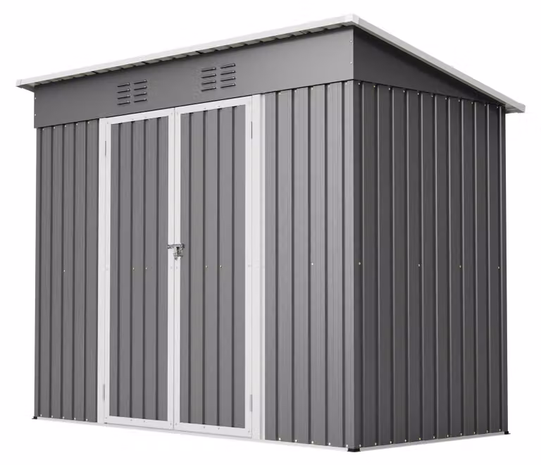 Edificio metallico di dimensioni 242 x 126 x 182 cm, con tetto a falda, realizzato in acciaio zincato, dotato di porta con serratura, telaio a pavimento e 2 griglie di ventilazione, progettato per un ingombro ridotto e montaggio a parete, colore grigio