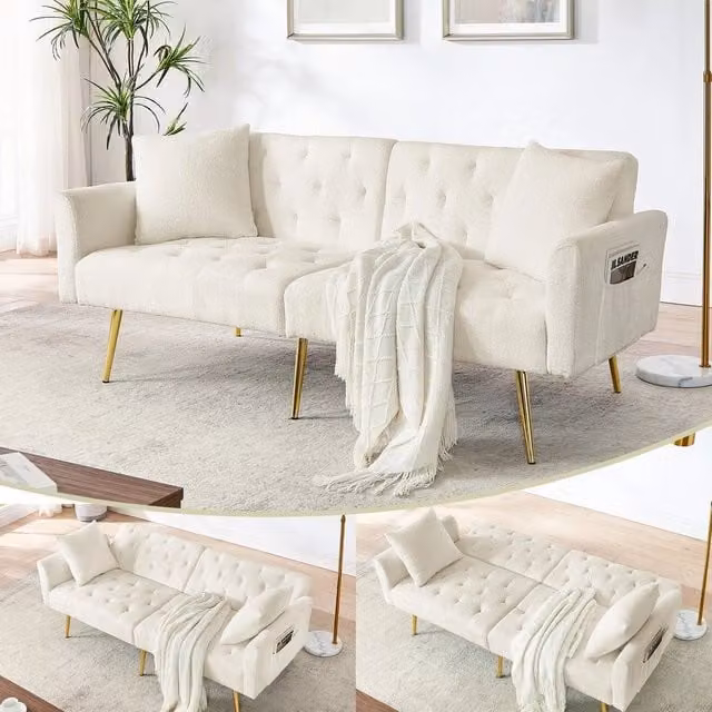 Divano 2 posti in boucl¨¦ ¨C Minimal ¨C Beige, con cuscini, gambe in metallo, schienale regolabile