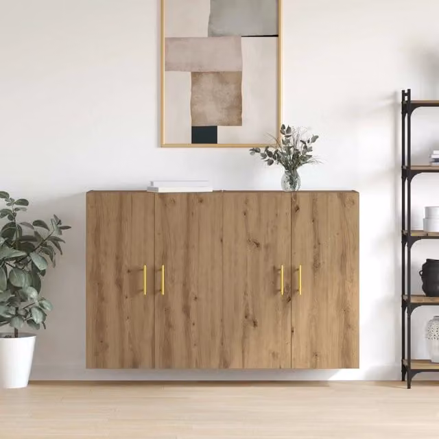 Set di 2 mobiletti a muro moderni vidaXL in legno color rovere marrone con ante a battente e ripiani interni L/P/H: 69,5 x 34 x 90 cm – 1