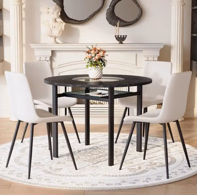 Set tavolo rotondo 100 cm in MDF effetto legno nero con 4 sedie PU bianche