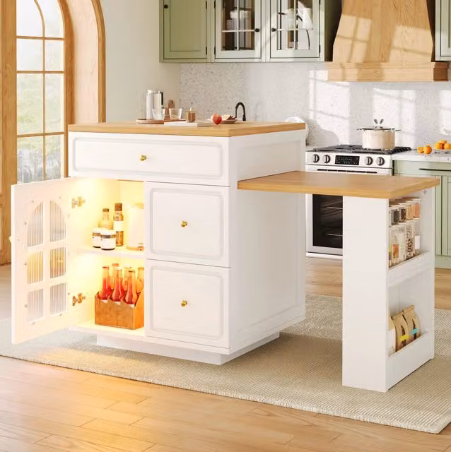 Isola cucina allungabile con cassetti e luce LED RGB, regolabile da 122,5 a 195,5 cm, finitura effetto legno con vetrina in vetro, bianca