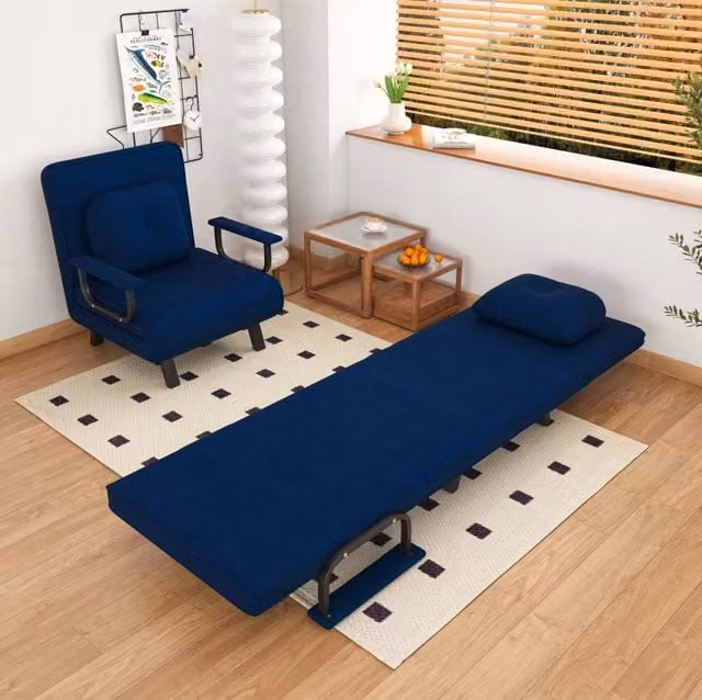 Poltrona relax reclinabile MODFU in tessuto blu con struttura in metallo, L: 60 cm, P: 60 cm