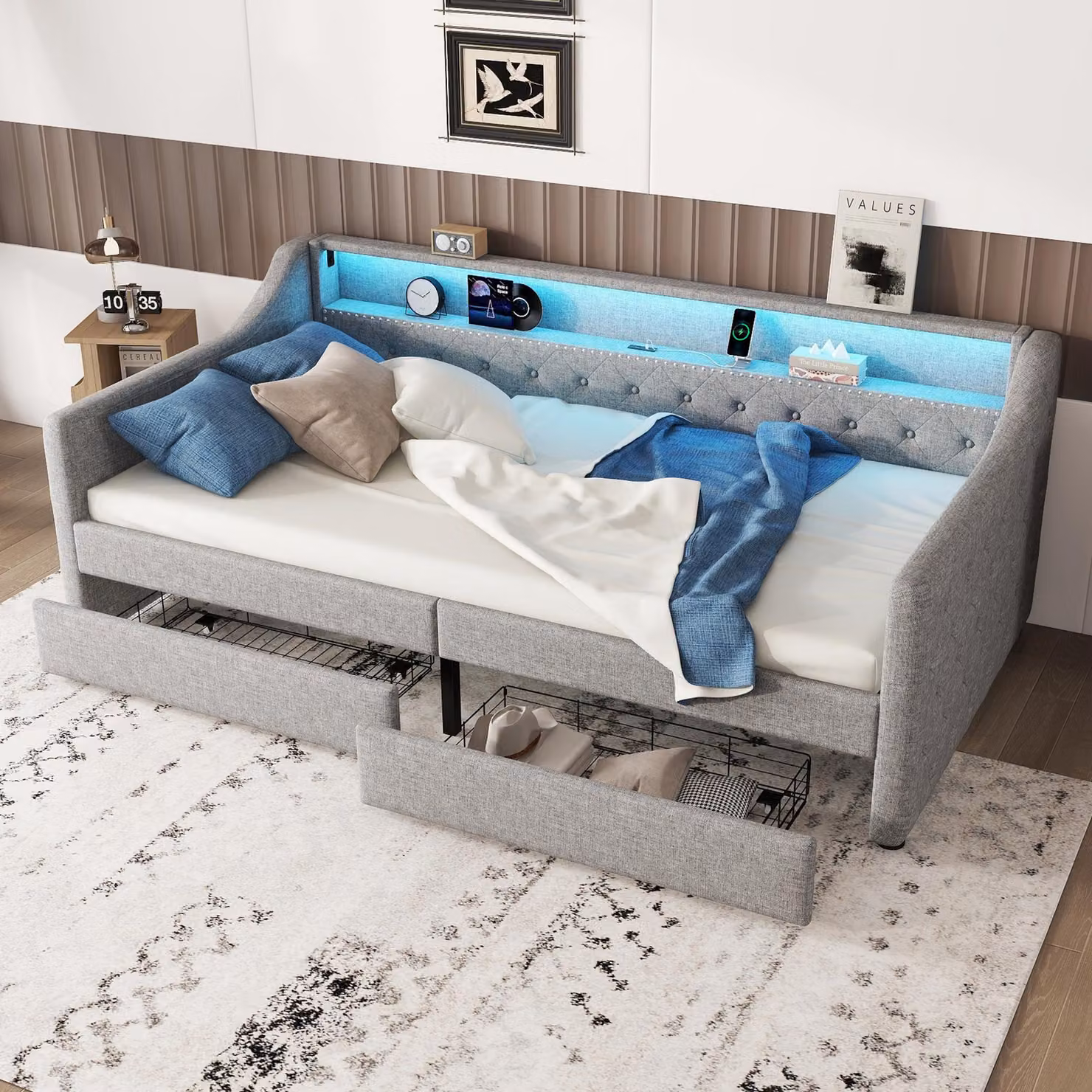 okwish divano letto 90x200 a luce ambiente con telecomando e cassetti, divano giovanile con rete a doghe e USB, (senza materasso)grigio