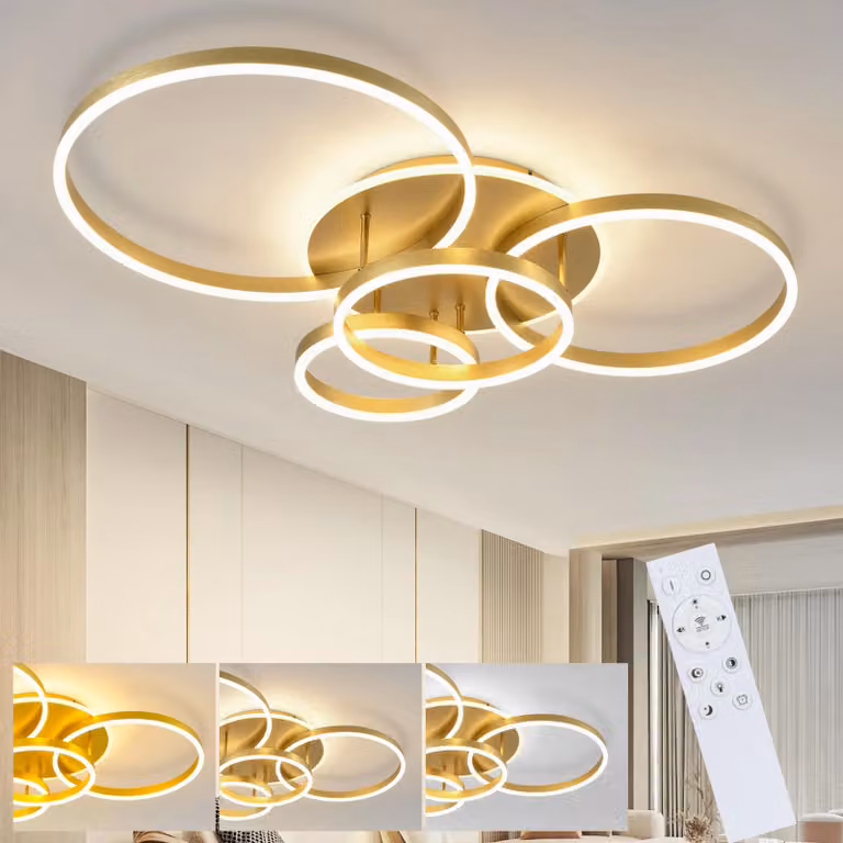 ZMH Plafoniera LED 98CM Lampada a soffitto 90W Dimmerabile con telecomando Oro 4 anelli Illuminazione a soffitto per camera da letto cucina