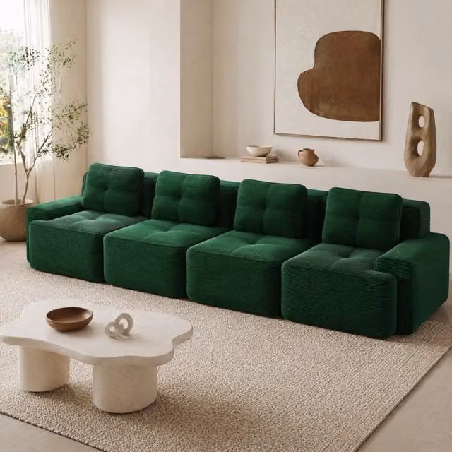 Divano modulare basso in velluto a coste verde; 382 x 104 x 69 cm