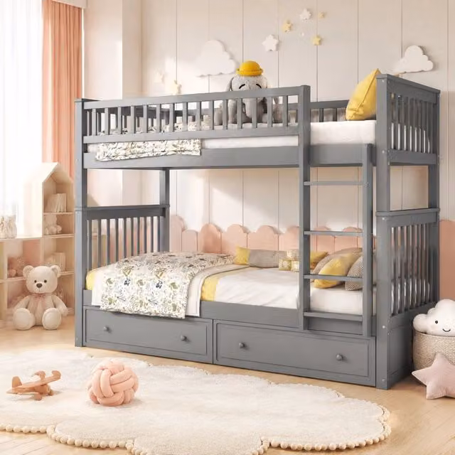 Letto a castello convertibile in due letti con 2 cassetti, in legno e MDF, colore grigio, L/P/H: 200 x 90 x 160 cm