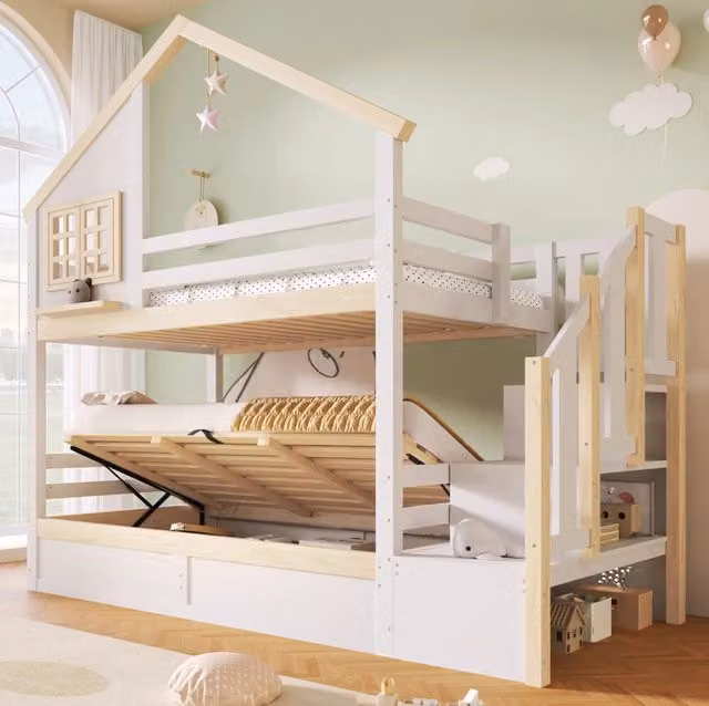 Letto a castello 90x200 cm con letto superiore a casetta; contenitore idraulico; bianco/naturale