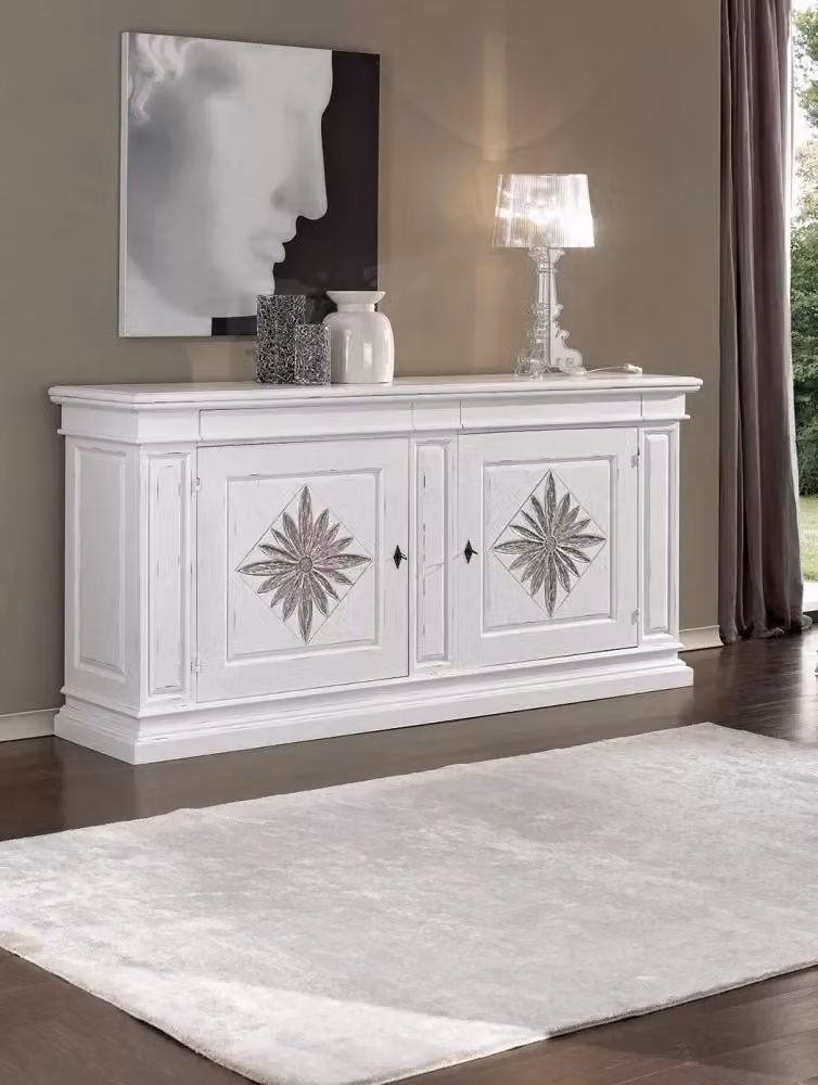 Credenza Shabby Chic con 2 Porte e 2 Cassetti in Legno con Intarsio Floreale Bianco Mobili 2G L: 230 cm, P: 57 cm, H: 113 cm – 2