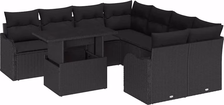 Set Divano da Giardino con cuscino 9 pcs Nero Poly Rattan