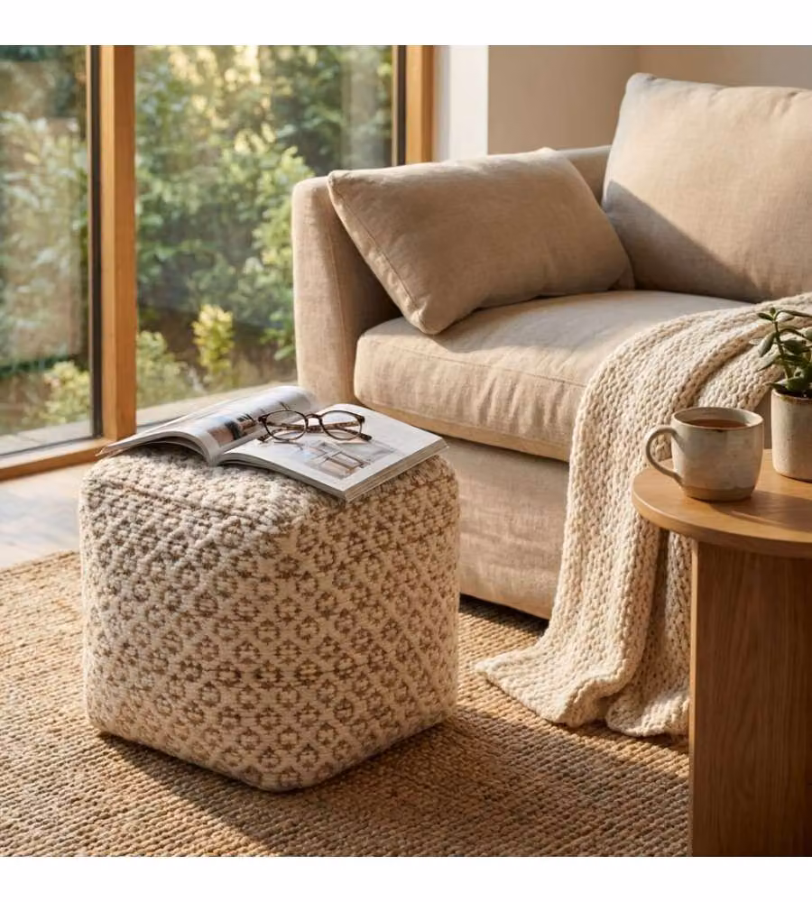 Cosma Pouf Quadrato in Juta e Lana 40x40 cm Bianco/Marrone Moderno
