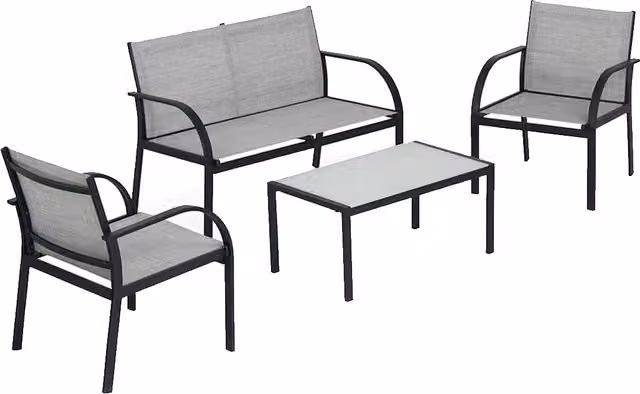 Set Salotto da Esterno Garden Friend con Divano a 2 Posti, 2 Poltrone e Tavolino in Vetro, Struttura in Acciaio Verniciato a Polvere e Tessuto Textilene, Grigio e Nero