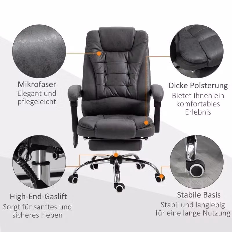Sedia da ufficio executive REDOM massaggiante e riscaldante reclinabile con poggiatesta e braccioli, Grigio scuro, L: 65 cm, P: 70 cm, H: 111-119 cm – 2