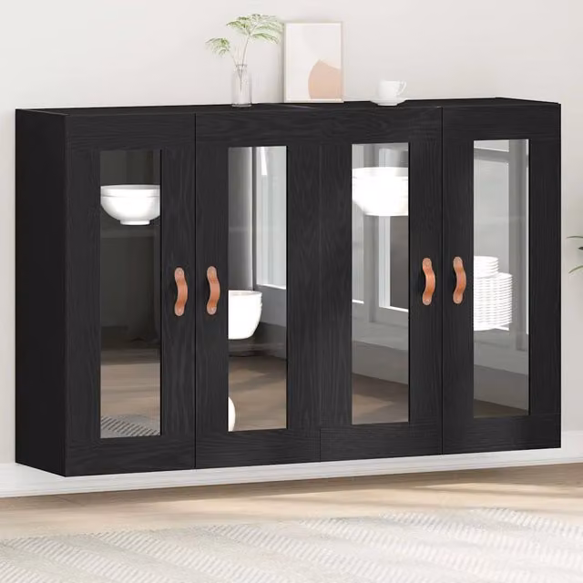 Set di 2 armadi da parete moderni vidaXL in legno e vetro nero opaco L/P/H: 69,5 x 34 x 90 cm – 1