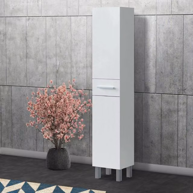 Colonna bagno DMORA con ante e cassetto, Armadio pensile moderno bianco lucido, L: 35 cm, P: 31 cm, H: 182 cm – 1