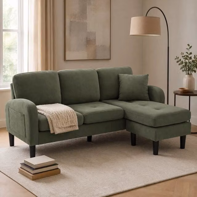 Divano angolare modulare 166.0x118.0x77.0 cm fino a 3 posti con chaise longue reversibile in velluto a coste verde
