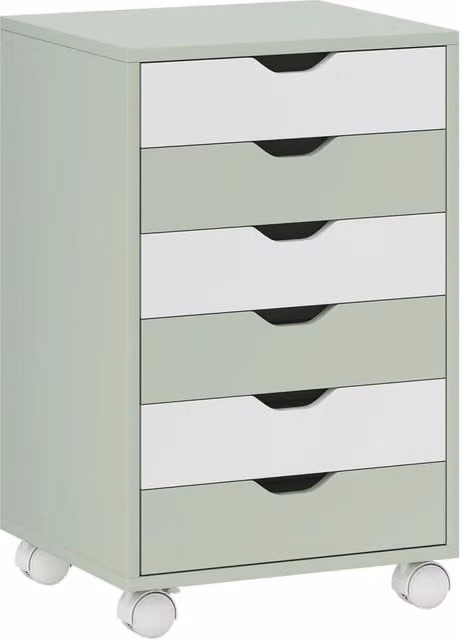 Cassettiera HOMCOM Xylo con 6 cassetti e ruote, Verde e Bianca, con guide scorrevoli silenziose