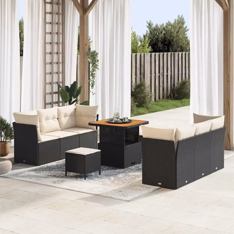 Set Divano da Giardino vidaXL 9 Pezzi Moderno in Polyrattan con Cuscini Nero e Beige