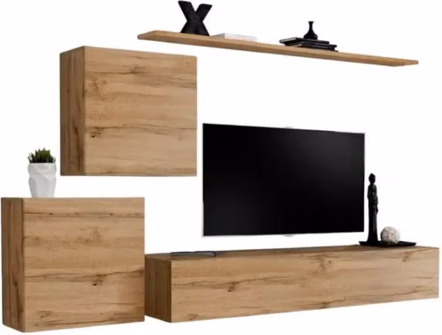 Composizione murale SWITCH V – Mobile TV e blocchi sospesi – Rovere Wotan – Design moderno naturale