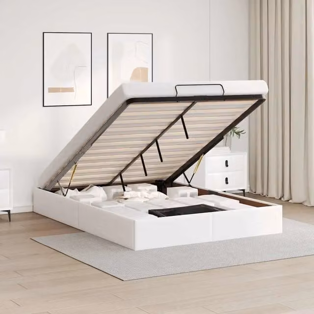 Struttura Letto con Contenitore a Sollevamento vidaXL in Similpelle Bianco L/P: 140 x 190 cm – 1
