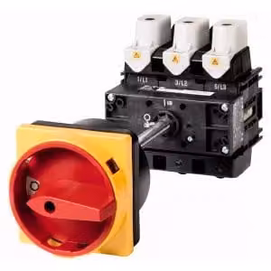 Interruttore generale Eaton, P5, 125 A, montaggio intermedio, a 3 poli, funzione di arresto di emergenza, con manopola rossa e anello di bloccaggio giallo, bloccabile in posizione 0 280914