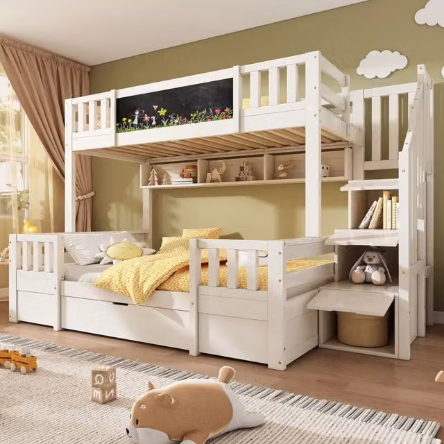 Letto a castello per tre bambini 90x200 e 140x200 cm in legno massello bianco con lavagna, scala contenitore e cassetti
