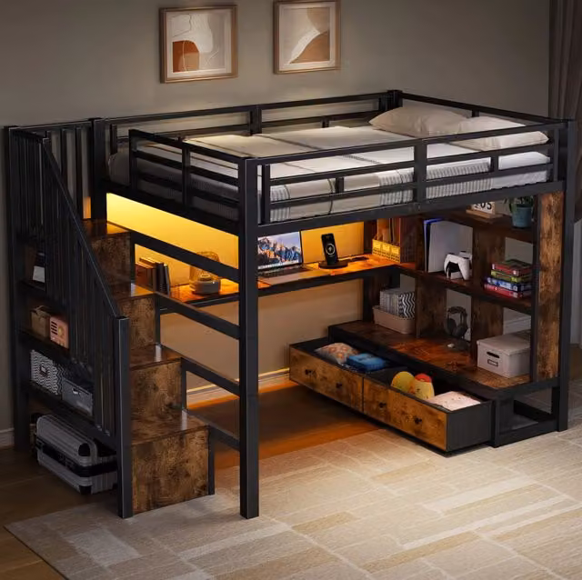 Letto a soppalco 140x200 cm con scrivania; ripiani; cassetti e LED; nero