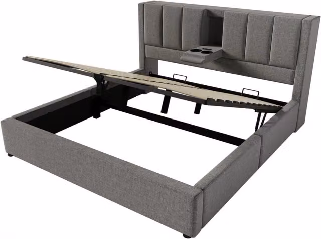 Letto matrimoniale 180x200 cm in lino grigio con porta bicchiere nascosto, stazione di ricarica USB e contenitore sottostante, con rete a doghe (senza materasso)