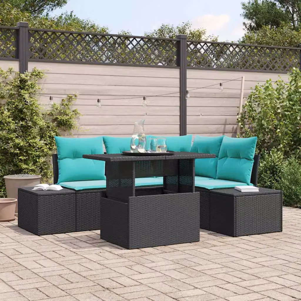 Set Divano da Giardino vidaXL a L composto da 6 pezzi con cuscini, Nero e Blu