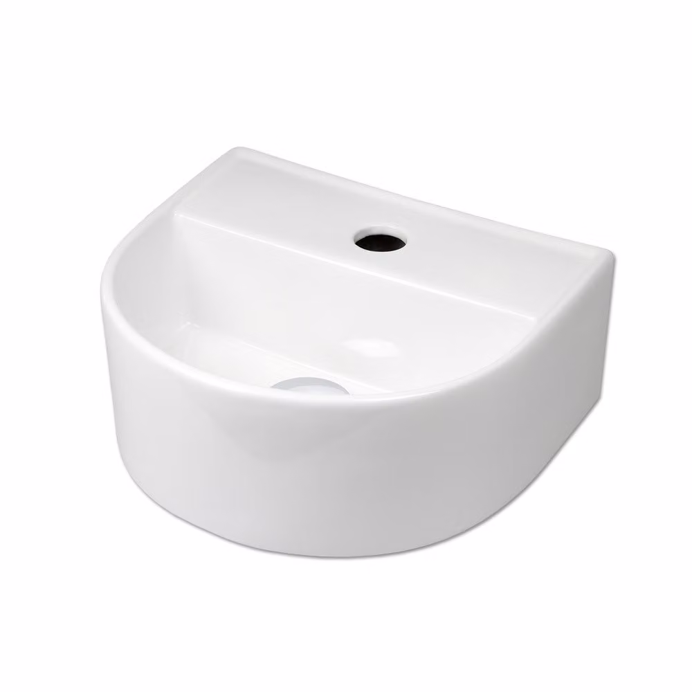 Lavabo in Vetroceramica, modello sospeso semicircolare, 330 x 290 x 130 mm, bianco, set completo