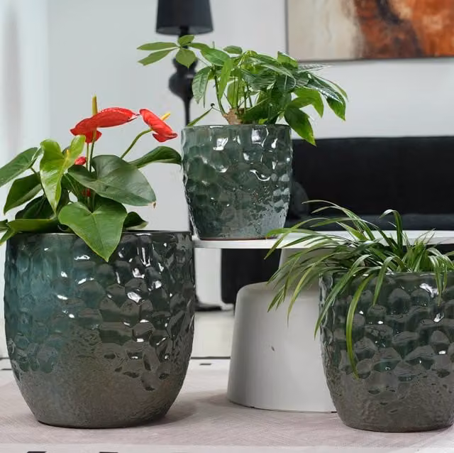 Set 4 vasi per piante ULEVR in ceramica verde scuro, ?38/30/22,5/18 cm con foro di drenaggio