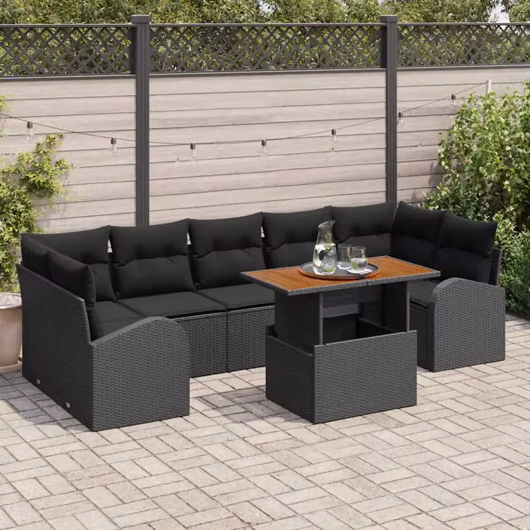 Set Divano da Giardino vidaXL 8 pz in Polyrattan e Legno Nero