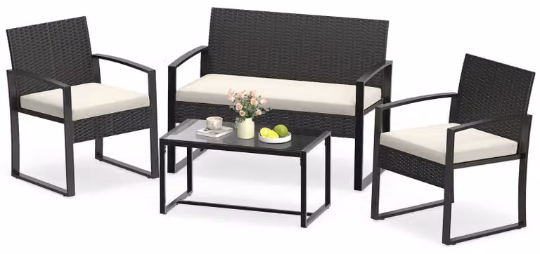 Set di mobili da giardino COSTWAY in polyrattan, mobili da esterno, salottino con 2 poltrone, panca, tavolo e cuscini, mobili da terrazza, salottino beige