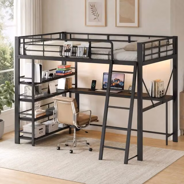 Letto a soppalco 140x200 cm con scrivania integrata; LED e stazione di ricarica in MDF e metallo nero