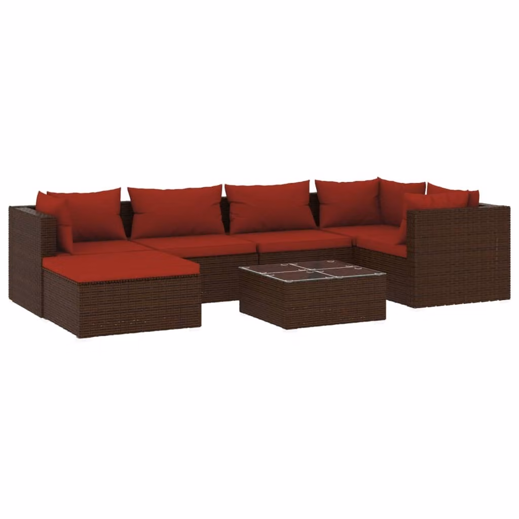 Set Divani da Giardino 7 pz con Cuscini in Polyrattan Marrone