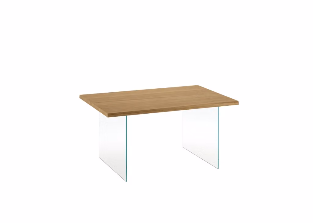 Tavolo da pranzo rettangolare Stones in legno di rovere marrone con piano in vetro trasparente e bordi smussati, modello allungabile e moderno – 2