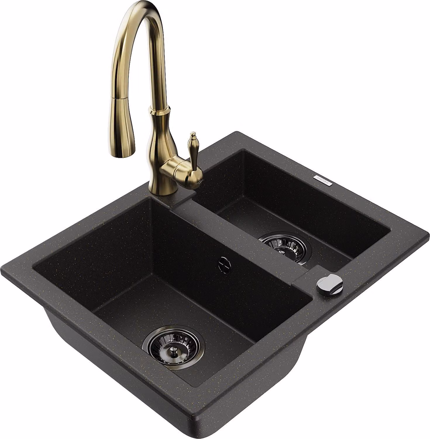 Mexen Carlos lavello in granito a 1,5 vasca con rubinetto da cucina Savita, nero/oro metallizzato - 6518-75-672601-50-B