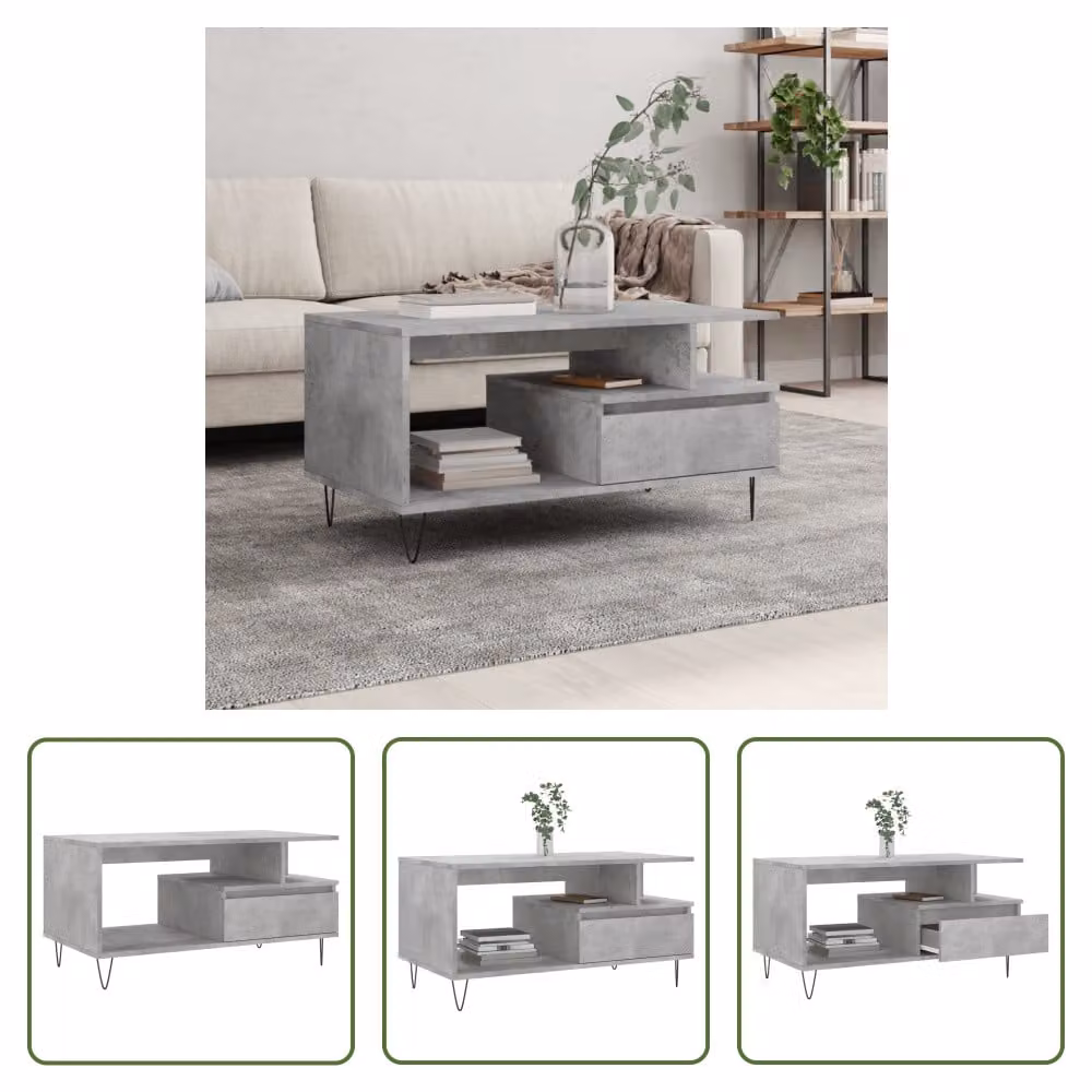 The Living Store tavolino in cemento grigio 90x49x45 cm materiale a base di legno