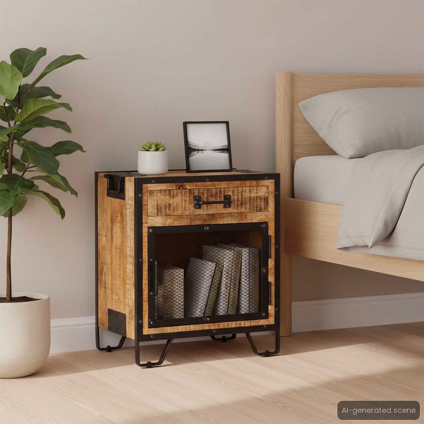 Comodino vidaXL in legno di mango e metallo stile industrial, marrone e nero, L 43 cm x P 30 cm x H 51 cm