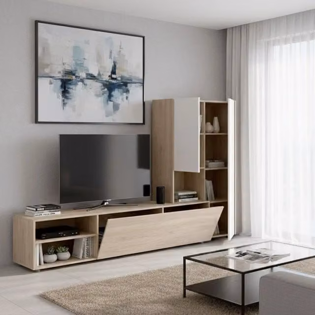 Parete attrezzata DMORA per soggiorno e sala da pranzo, mobile moderno con ante a battente e ripiani aperti, Bianco e Rovere – 1