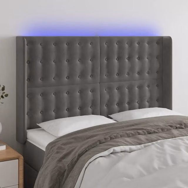 Testiera con LED Design Mania in Velluto Grigio con Porte USB, L: 147 cm, P: 16 cm, H: 118-128 cm – 1