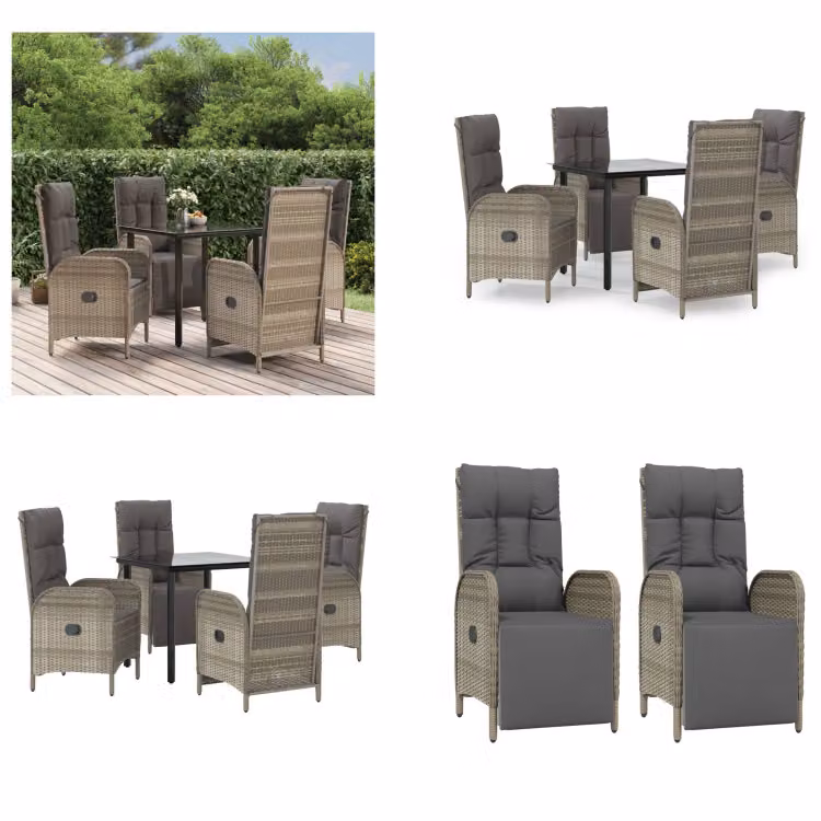 vidaXL Set da pranzo da giardino 5 pezzi con cuscini in poly rattan nero e grigio - Set da pranzo da giardino - Set da pranzo da giardino - Set da pranzo da terrazza