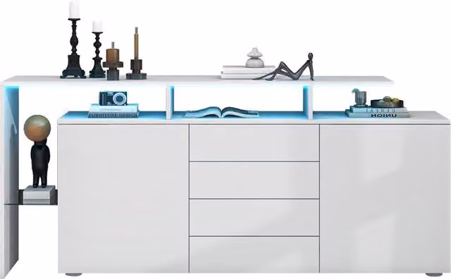 Credenza moderna bianca con LED e vano in vetro per soggiorno, L: 160 cm, P: 35 cm, H: 70 cm